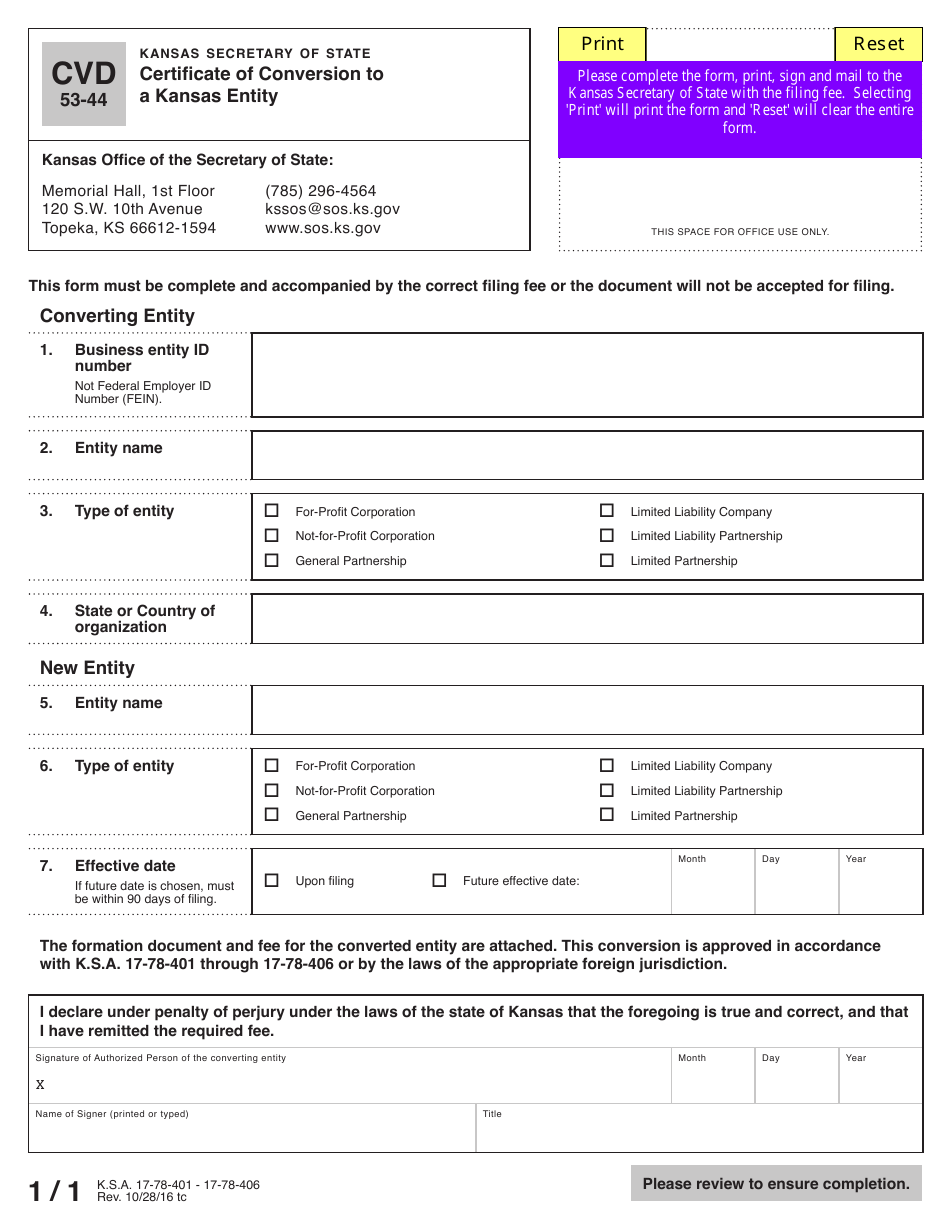 Form CVD53-44 Certificate of Conversion to a Kansas Entity - Kansas, Page 2