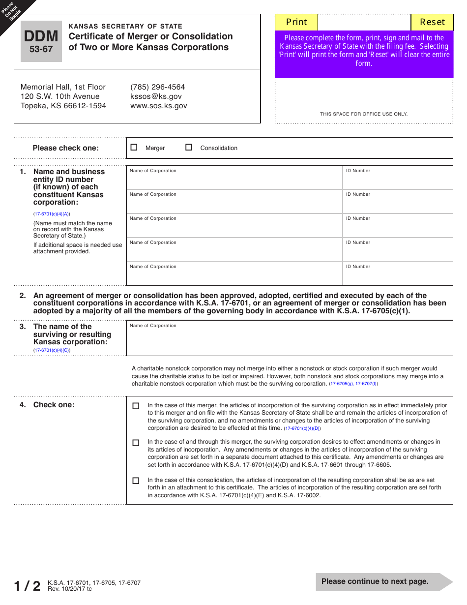 Form DDM53-67 Certificate of Merger or Consolidation of Two or More Kansas Corporations - Kansas, Page 2