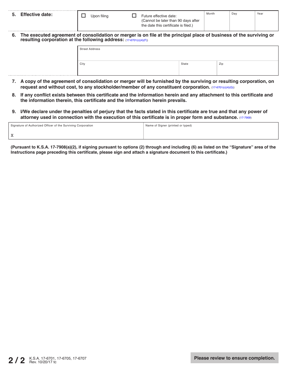 Form DDM53-67 Certificate of Merger or Consolidation of Two or More Kansas Corporations - Kansas, Page 3