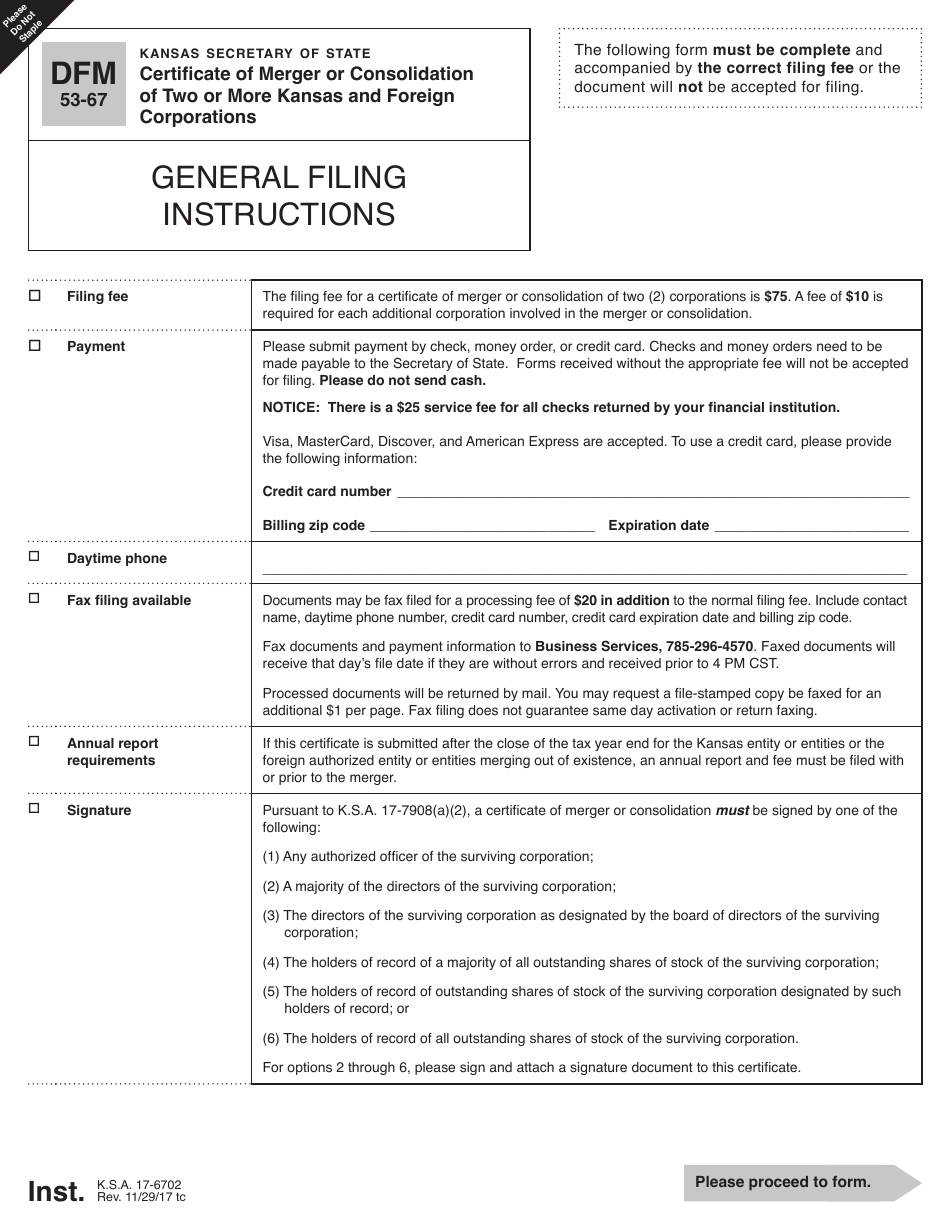 Form DFM53-67 Certificate of Merger or Consolidation of Two or More Kansas and Foreign Corporations - Kansas, Page 1
