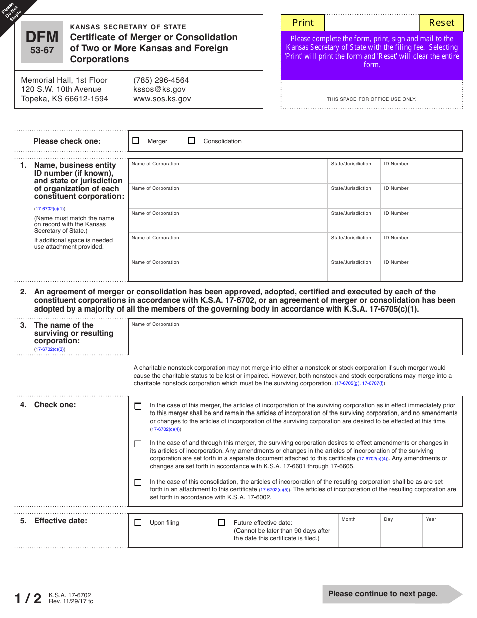Form DFM53-67 Certificate of Merger or Consolidation of Two or More Kansas and Foreign Corporations - Kansas, Page 2