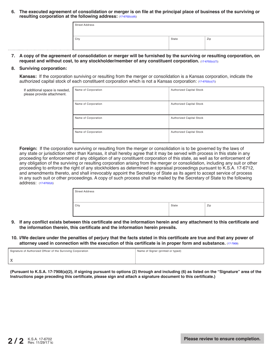 Form DFM53-67 Certificate of Merger or Consolidation of Two or More Kansas and Foreign Corporations - Kansas, Page 3