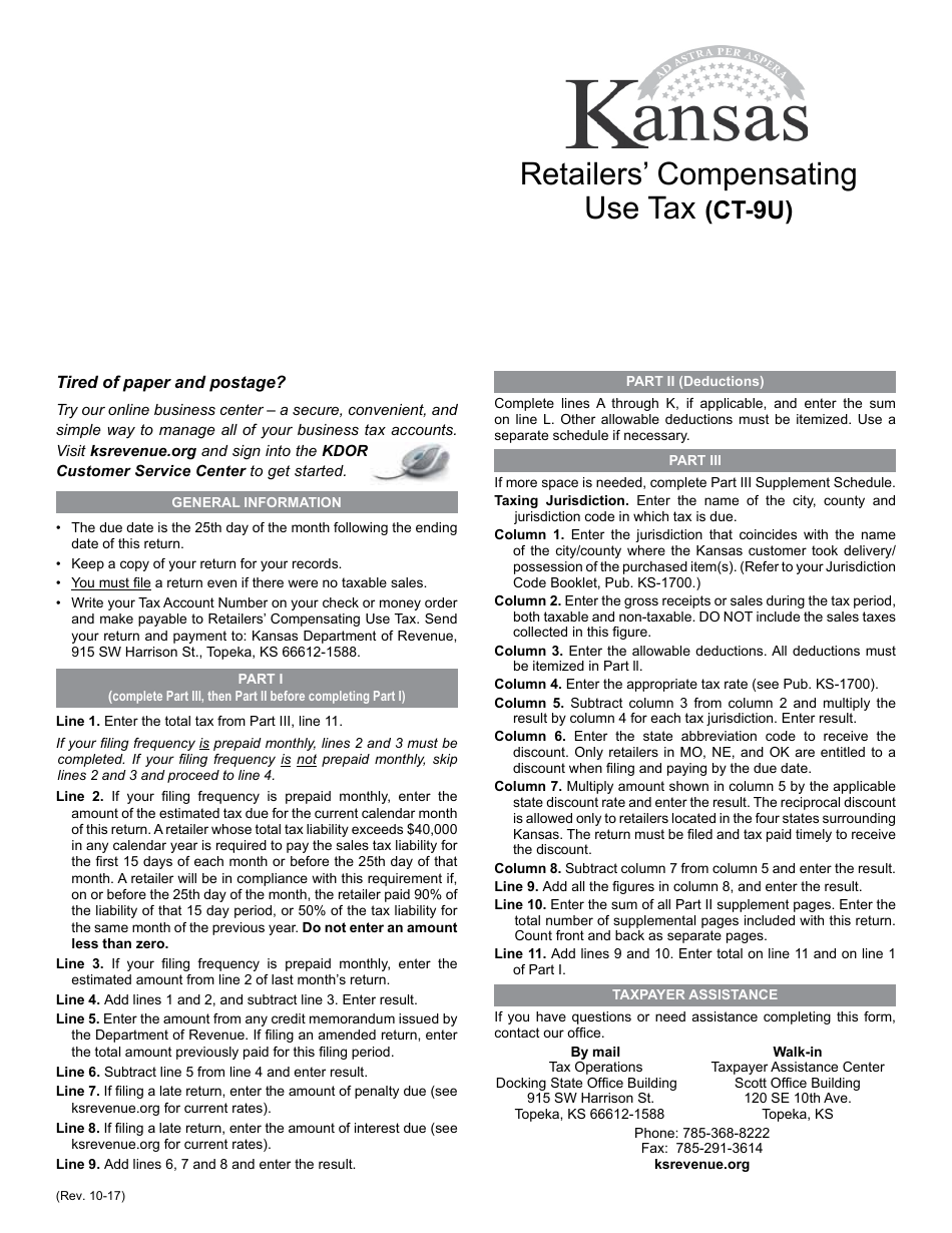 Form CT-9U Kansas Retailers Compensating Use Tax Return - Kansas, Page 1