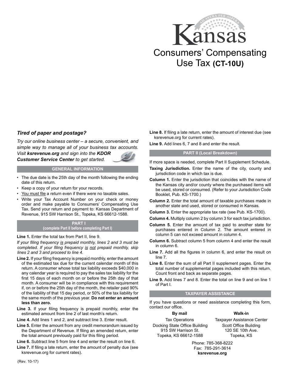 Form CT-10U Kansas Consumers Compensating Use Tax Return - Kansas, Page 1