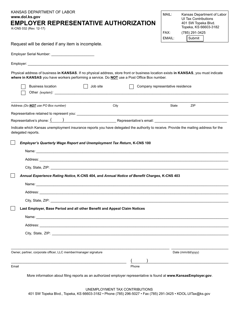 Form K-CNS032 Download Fillable PDF or Fill Online Employer Representative  Authorization Kansas | Templateroller
