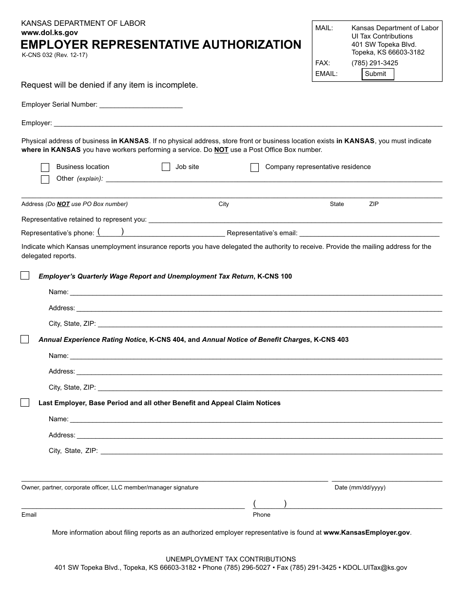 Form K-CNS032 Employer Representative Authorization - Kansas, Page 1