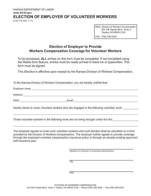 K-WC Form 123 Election of Employer of Volunteer Workers - Kansas