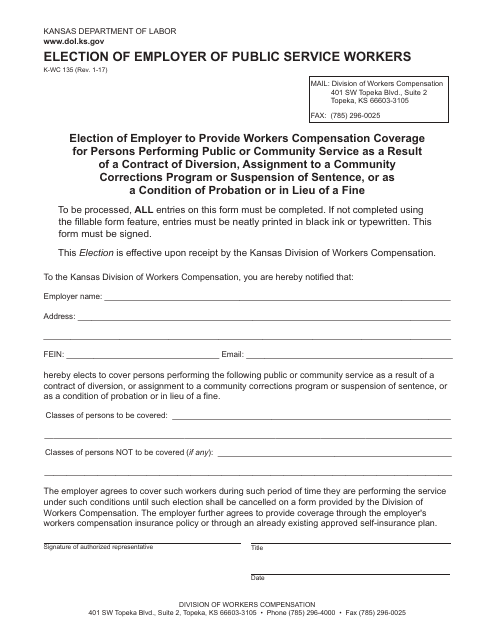 K-WC Form 135 Election of Employer of Public Service Workers - Kansas