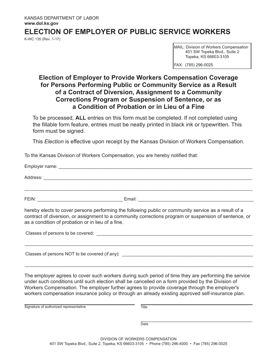 K-WC Form 135 Election of Employer of Public Service Workers - Kansas, Page 1