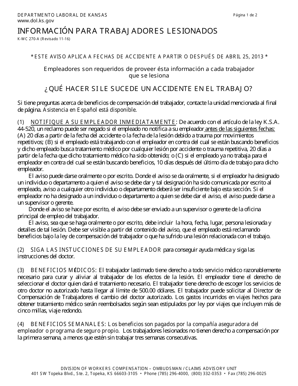 Formulario K-WC270-A Informacion Para Trabajadores Lesionados - Kansas (Spanish), Page 1