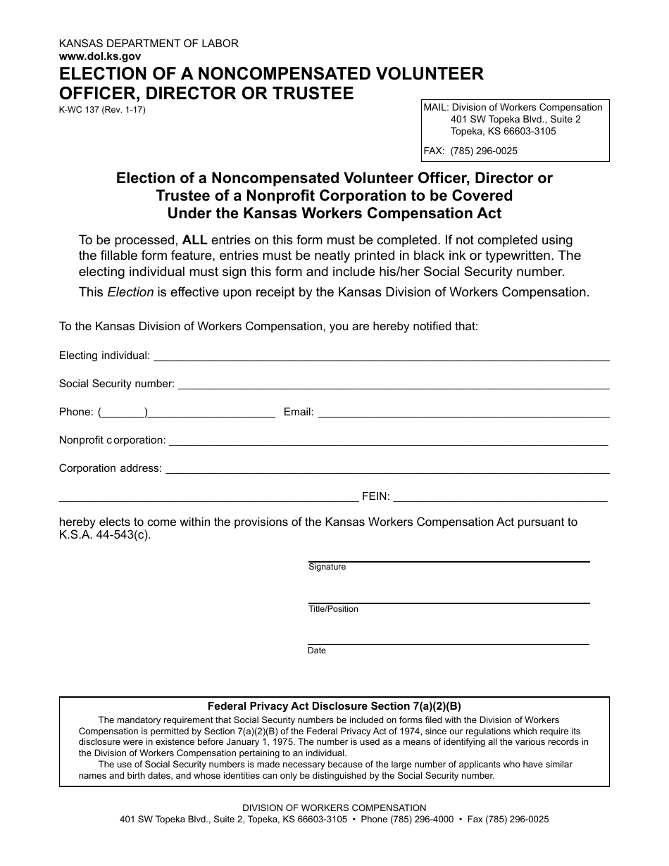 K-WC Form 137 Election of a Noncompensated Volunteer Officer, Director or Trustee - Kansas, Page 1