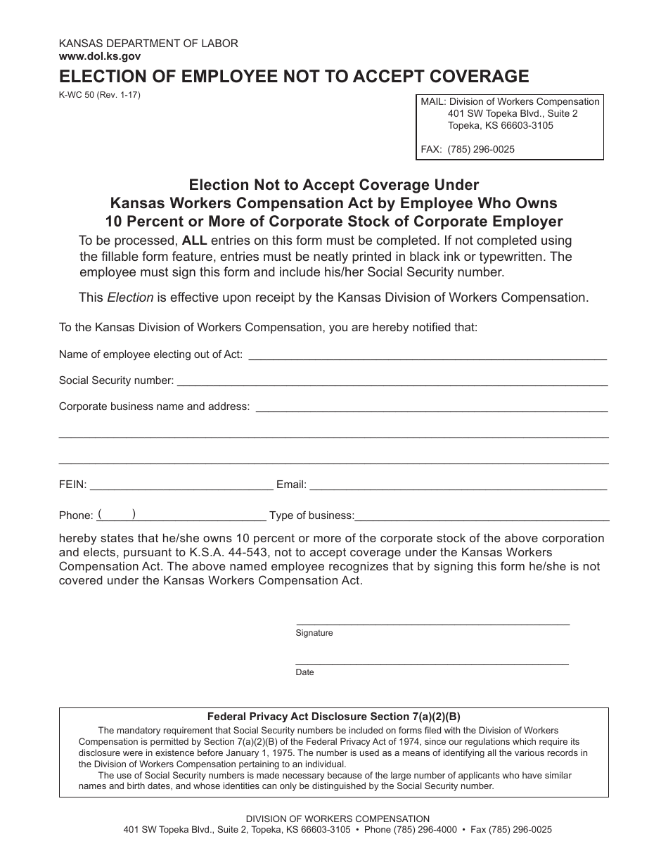 K-WC Form 50 Election of Employee Not to Accept Coverage - Kansas, Page 1