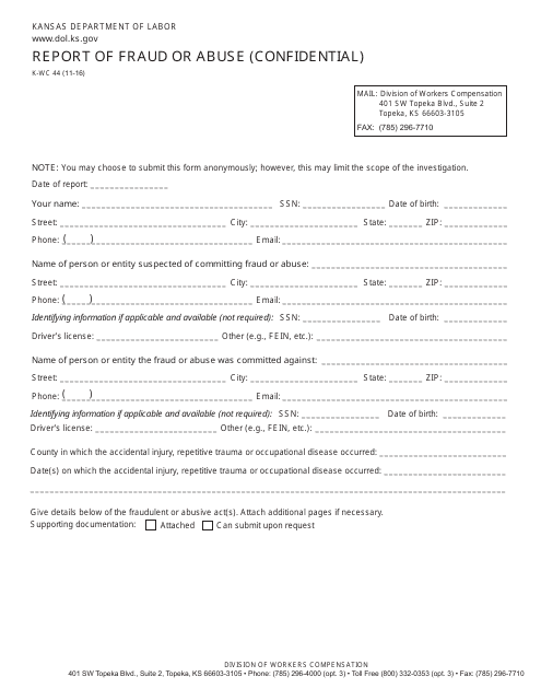 K-WC Form 44 Report of Fraud or Abuse (Confidential) - Kansas