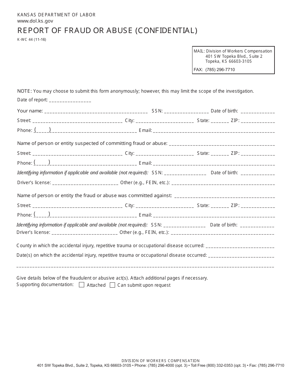 K-WC Form 44 Report of Fraud or Abuse (Confidential) - Kansas, Page 1