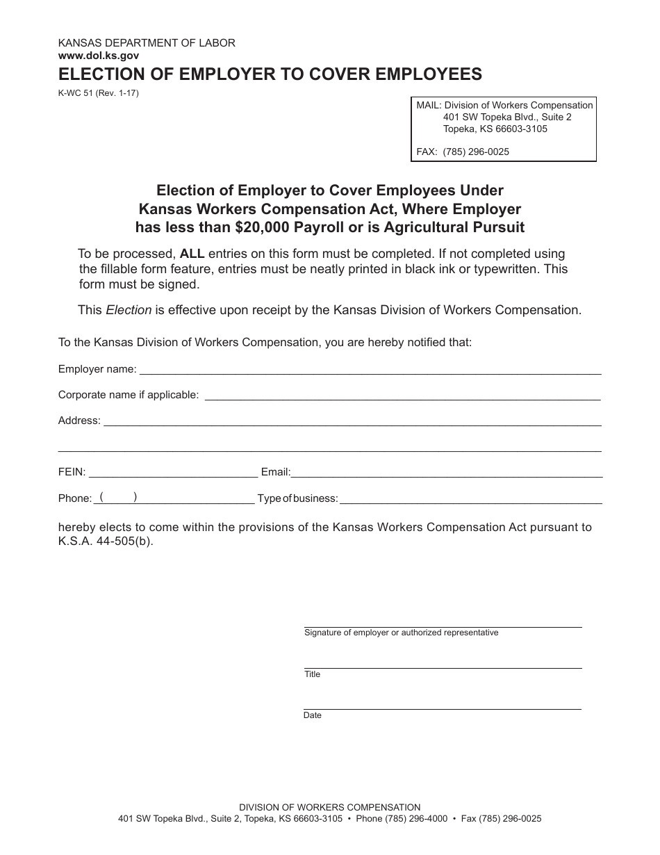 K-WC Form 51 Election of Employer to Cover Employees - Kansas, Page 1