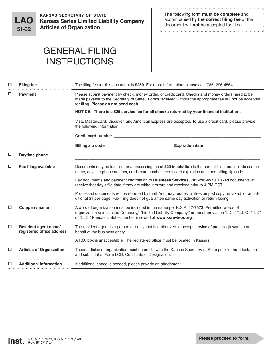Form LAO51-32 Kansas Series Limited Liability Company Articles of Organization - Kansas, Page 1