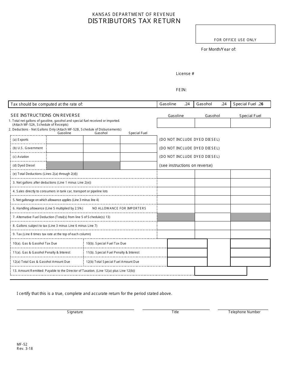 Form MF-52 Distributors Tax Return - Kansas, Page 1