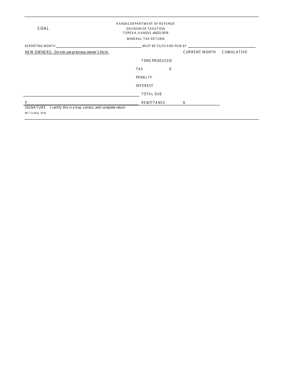 Form MT-13 Mineral Tax Return - Coal - Kansas, Page 1