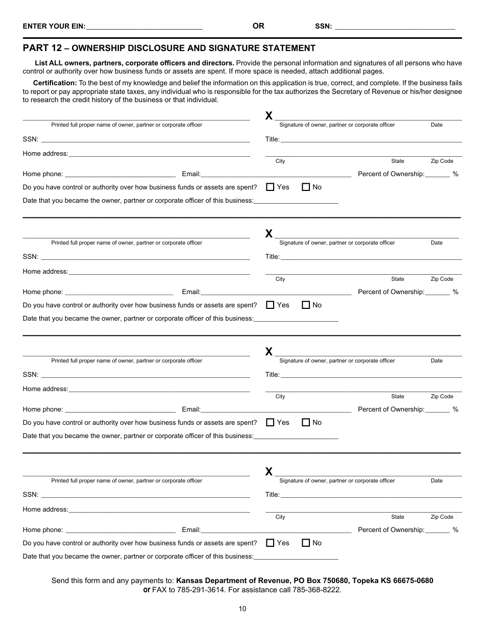 Form KS-1216 Business Tax Application - Kansas, Page 10