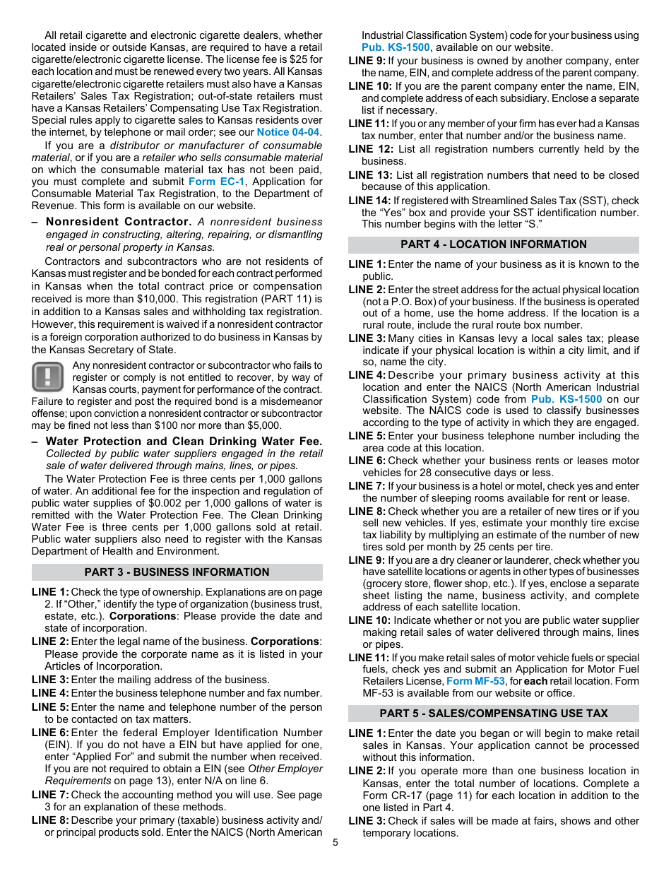 Form KS-1216 Business Tax Application - Kansas, Page 5