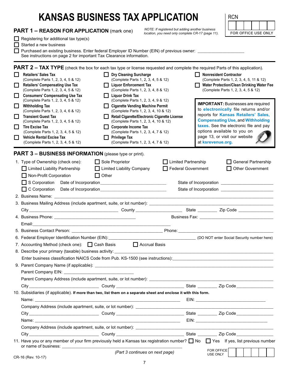 Form KS-1216 Business Tax Application - Kansas, Page 7