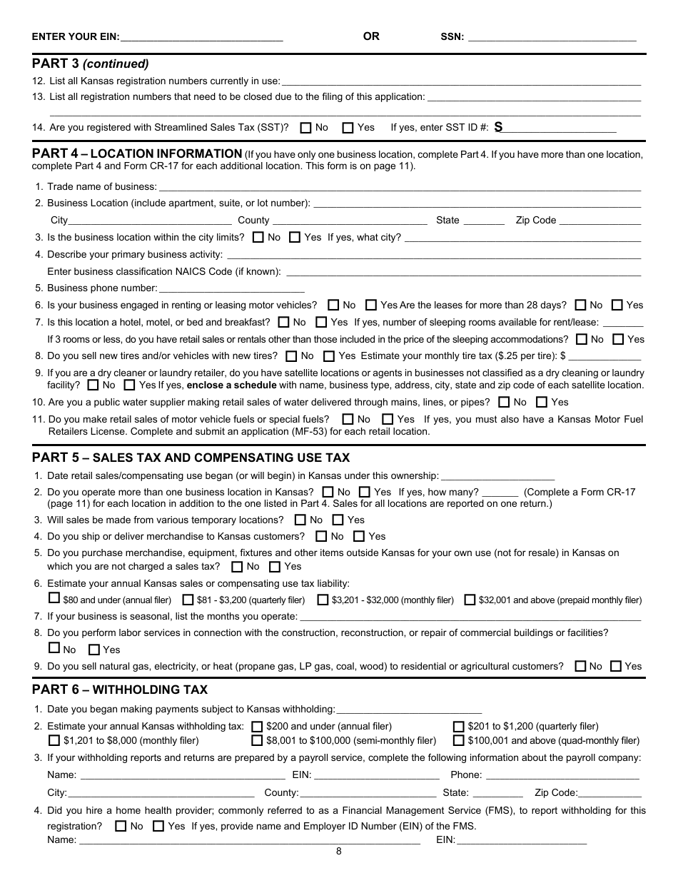 Form KS-1216 Business Tax Application - Kansas, Page 8