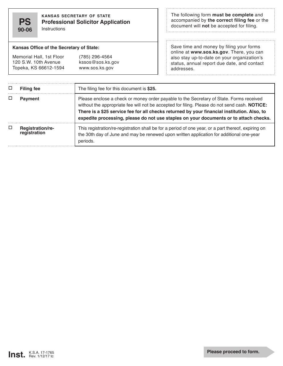 Form PS90-06 Professional Solicitor Application - Kansas, Page 1