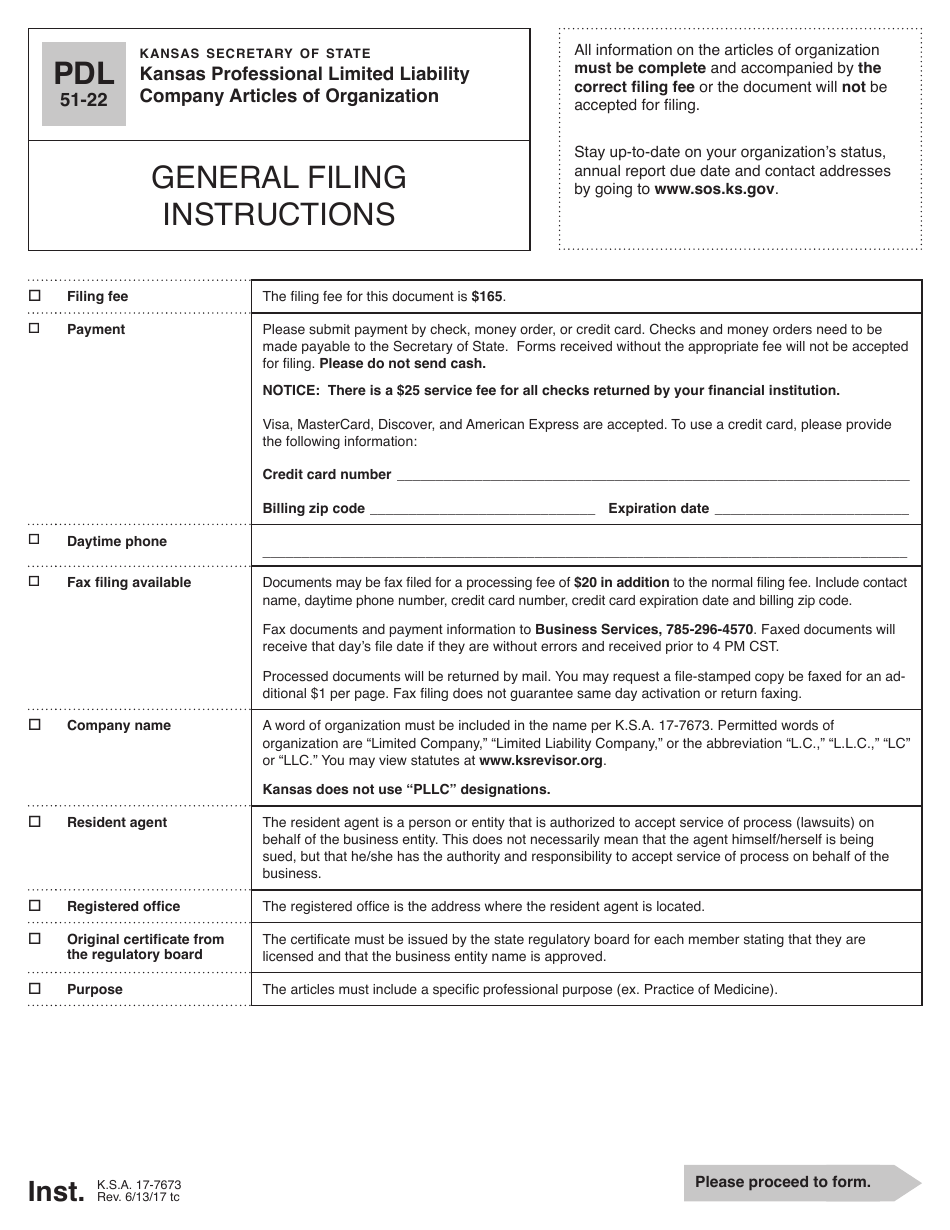 Form PDL51-22 Kansas Professional Limited Liability Company Articles of Organization - Kansas, Page 1