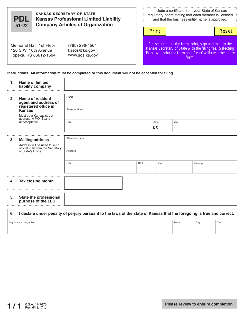 Form PDL51-22 Kansas Professional Limited Liability Company Articles of Organization - Kansas, Page 2