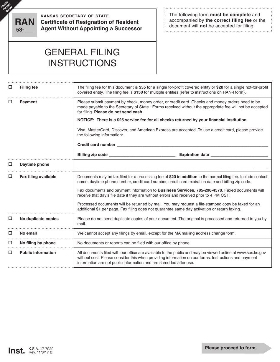 Form RAN53 Certificate of Resignation of Resident Agent Without Appointing a Successor - Kansas, Page 1