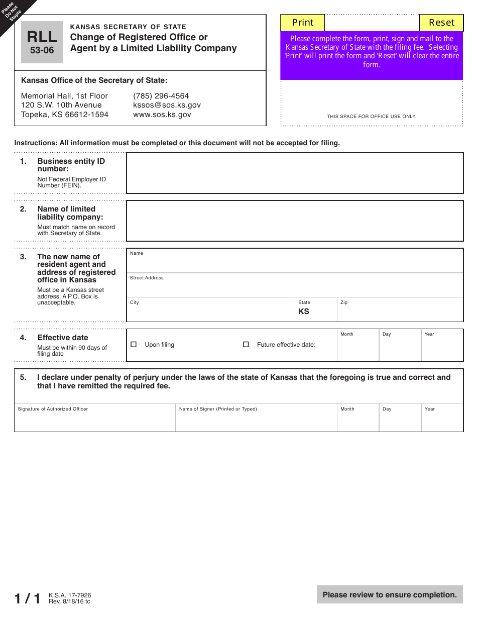 Form RLL53-06 Change of Registered Office or Agent by a Limited Liability Company - Kansas, Page 2