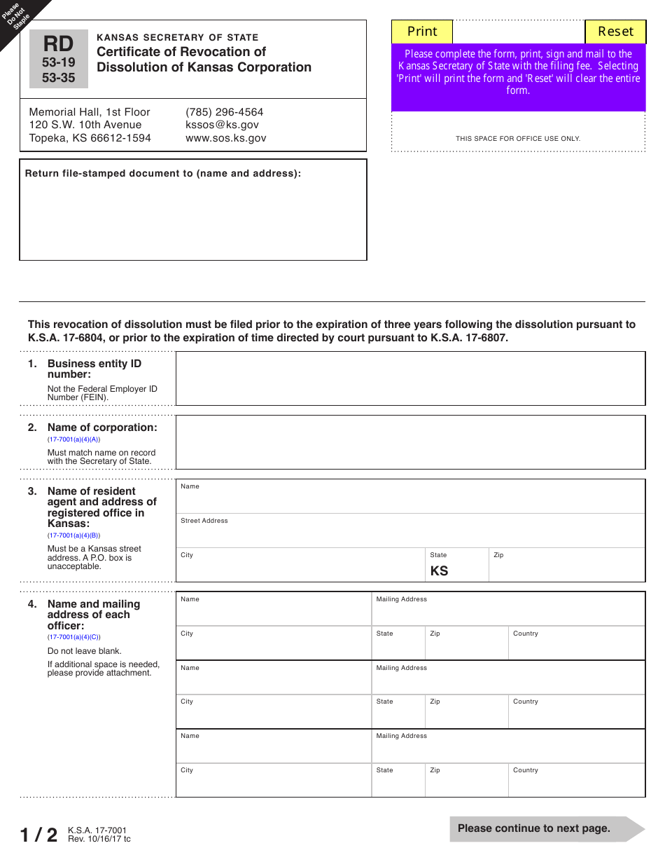 Form RD53-19 53-35 Certificate of Revocation of Rd Dissolution of Kansas Corporation - Kansas, Page 2
