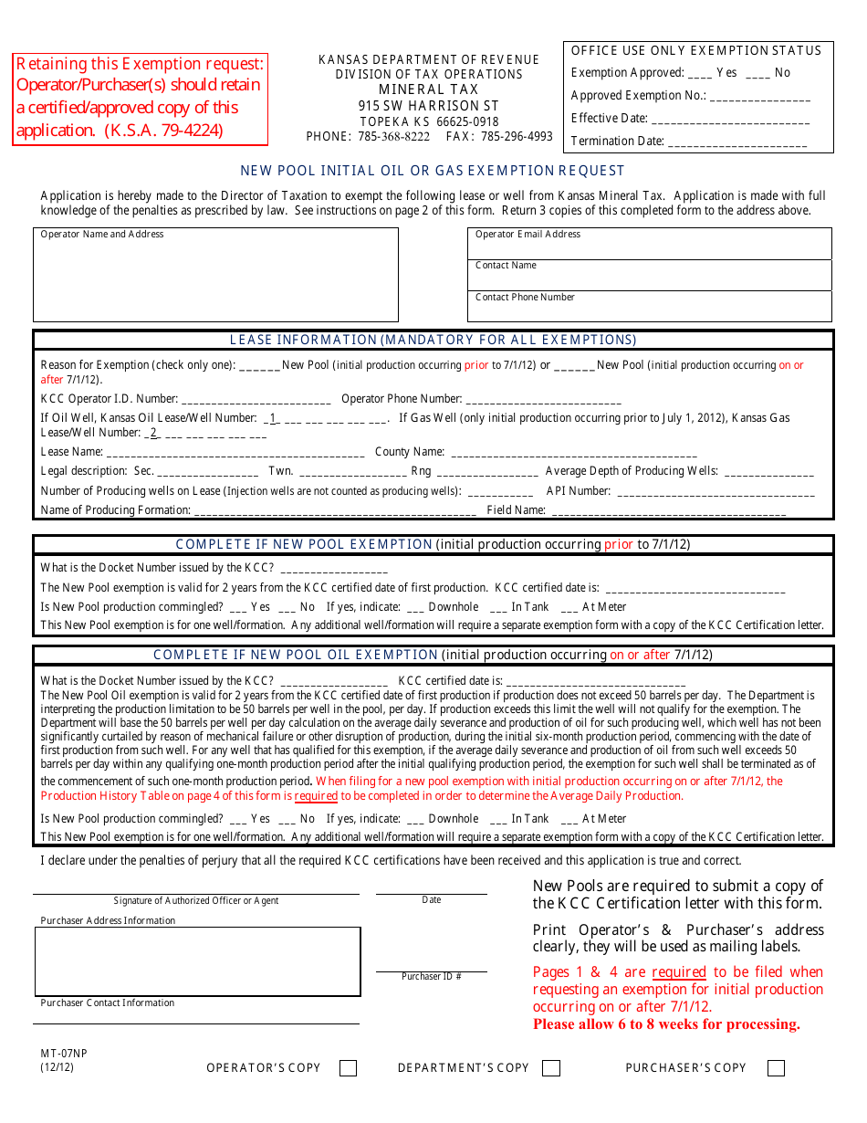 Form MT-07NP New Pool Initial Oil or Gas Exemption Request - Kansas, Page 1