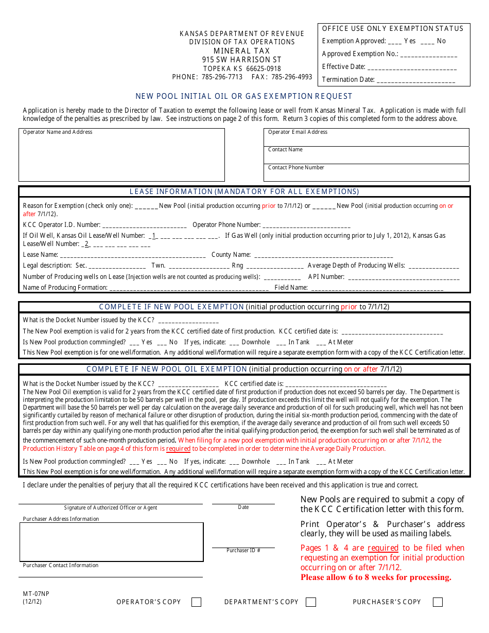 Form MT-07NP New Pool Initial Oil or Gas Exemption Request - Kansas, Page 2