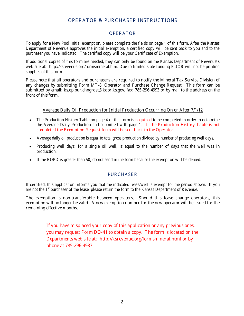Form MT-07NP New Pool Initial Oil or Gas Exemption Request - Kansas, Page 4