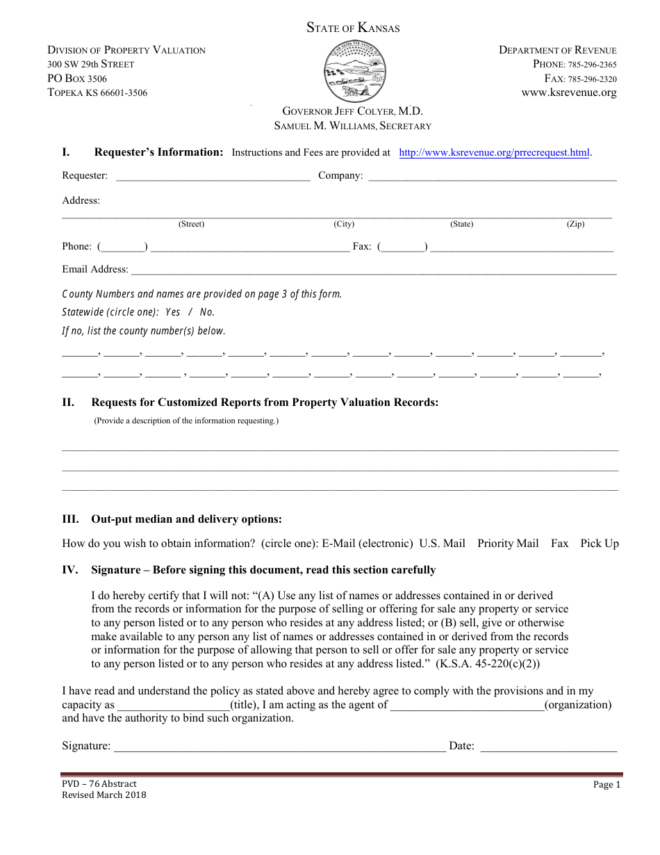 Form PVD-76 Open Records Request for Abstracts - Kansas, Page 1
