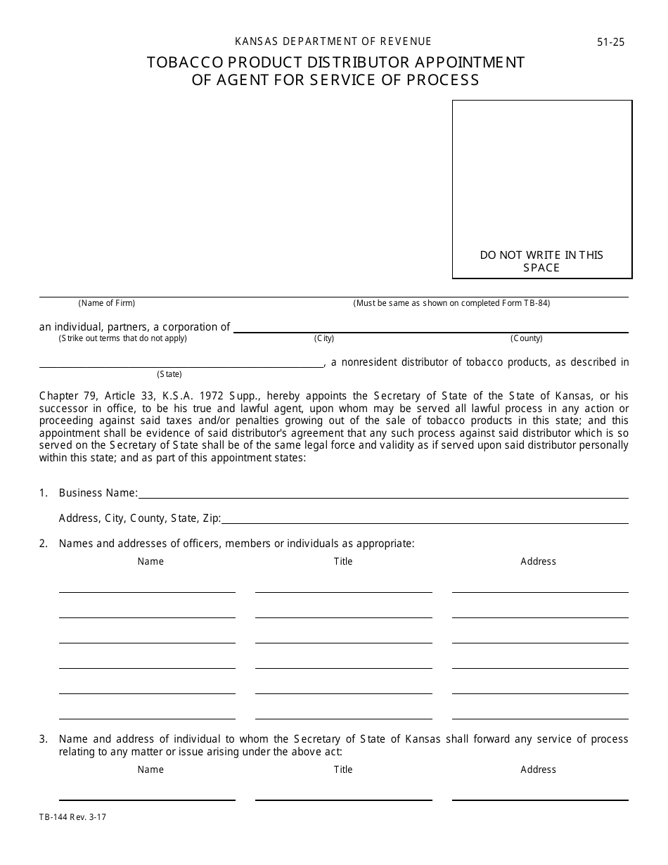 Form TB-144 Tobacco Product Distributor Appointment of Agent for Service of Process - Kansas, Page 1