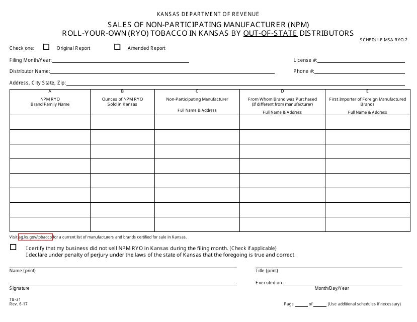 Form TB-31 Schedule MSA-RYO-2  Printable Pdf
