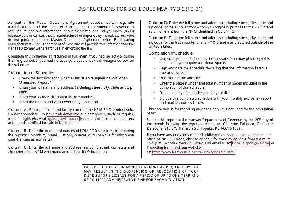 Form TB-31 Schedule MSA-RYO-2 Sales of Non-participating Manufacturer (Npm) Roll-Your-Own (Ryo) Tobacco in Kansas by Out-of-State Distributors - Kansas, Page 2
