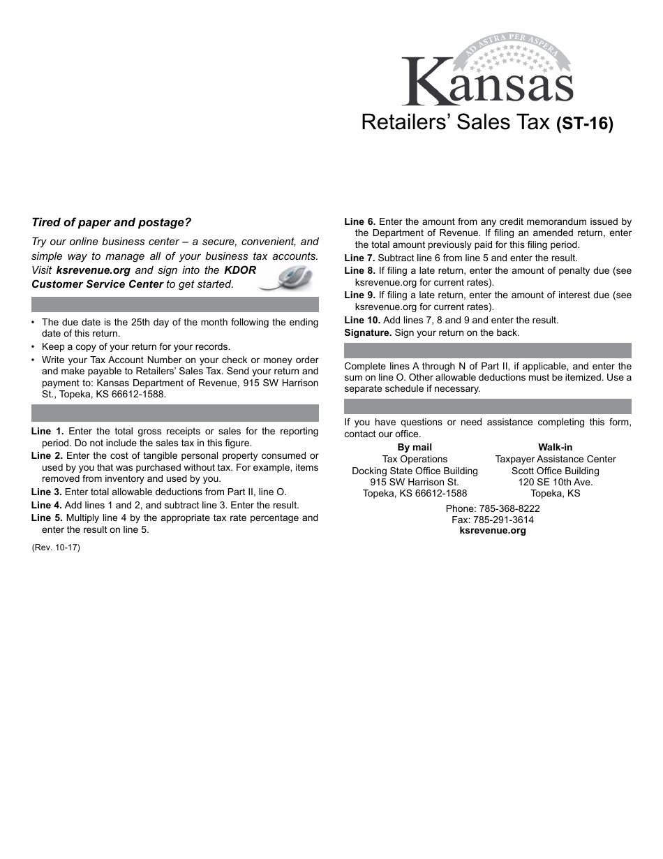 Form ST-16 Retailers Sales Tax Return - Kansas, Page 1