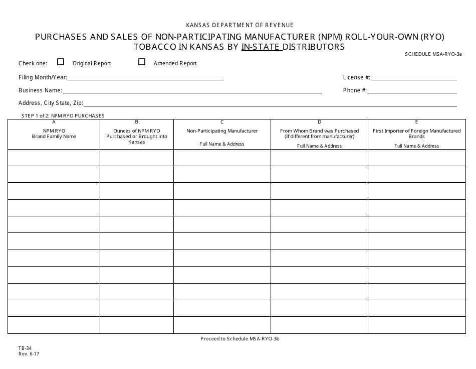 Form TB-34 Purchases and Sales of Non-participating Manufacturer (Npm) Roll-Your-Own (Ryo) Tobacco in Kansas by in-State Distributors - Kansas, Page 1
