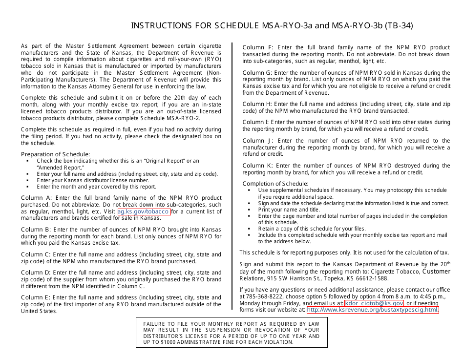 Form TB-34 Purchases and Sales of Non-participating Manufacturer (Npm) Roll-Your-Own (Ryo) Tobacco in Kansas by in-State Distributors - Kansas, Page 3
