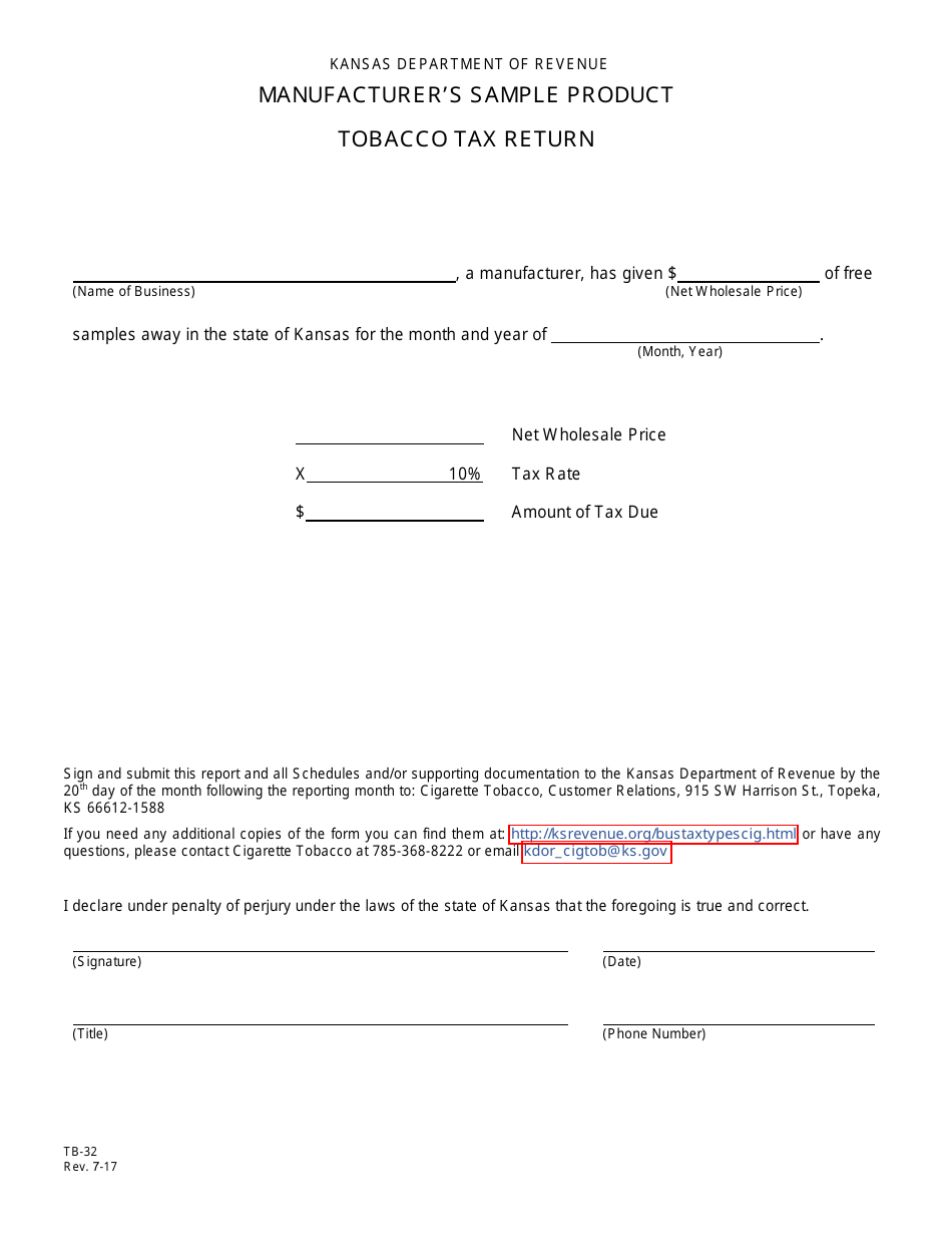 Form TB-32 Manufacturers Sample Product Tobacco Tax Return - Kansas, Page 1