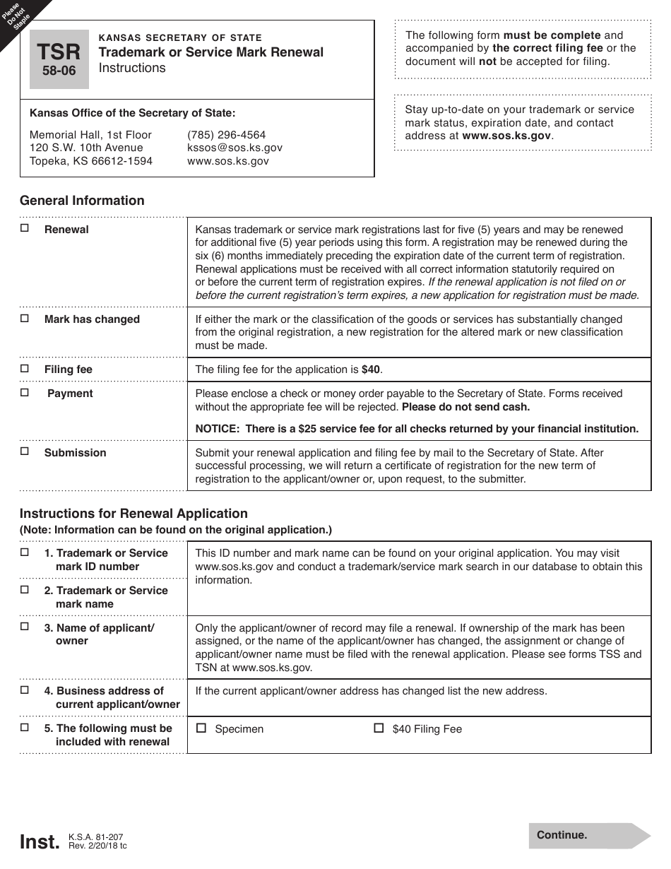 Form TSR58-06 Trademark or Service Mark Renewal - Kansas, Page 1