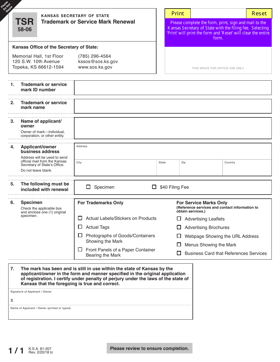 Form TSR58-06 Trademark or Service Mark Renewal - Kansas, Page 3