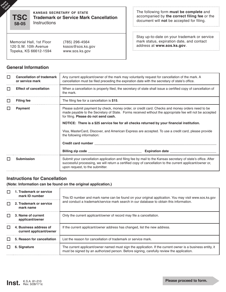 Form TSC58-05 Trademark or Service Mark Cancellation - Kansas, Page 1