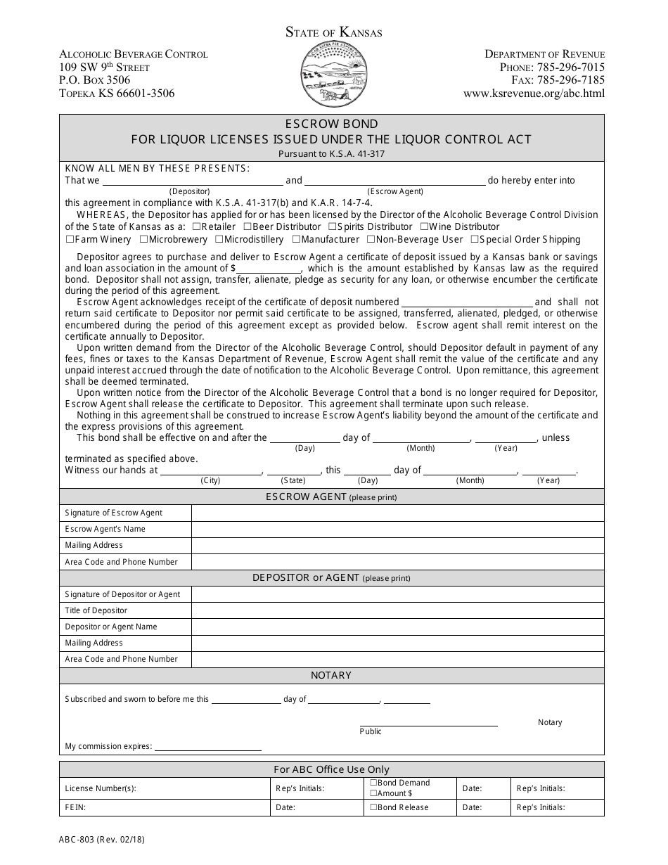 Form ABC-803 Escrow Bond for Liquor Licenses Issued Under the Liquor Control Act - Kansas, Page 1