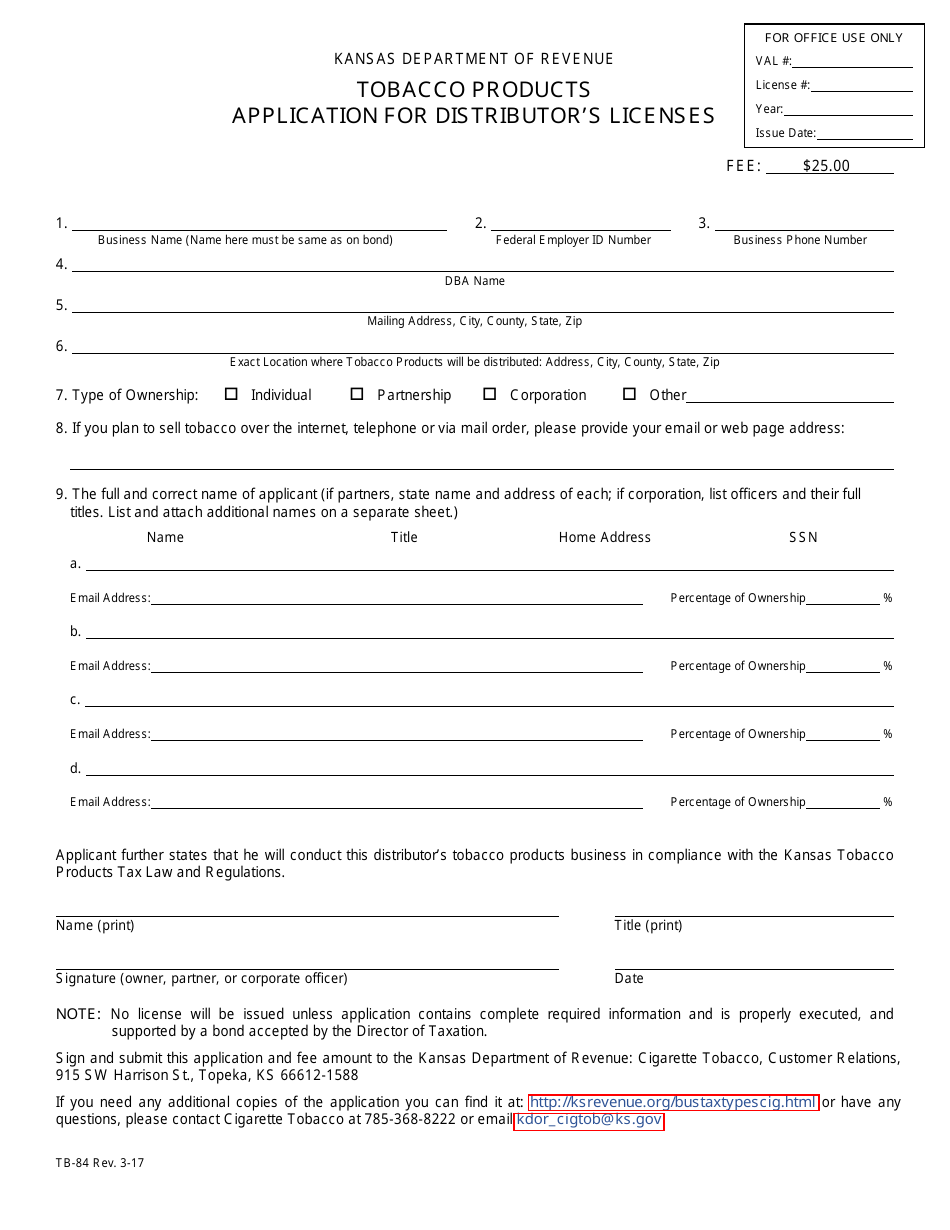 Form TB-54 Tobacco Products Application for Distributor's Licenses - Kansas, Page 1