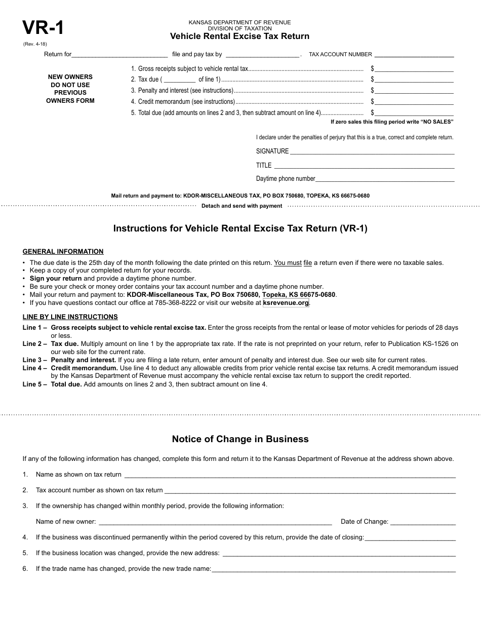Form VR-1 Vehicle Rental Excise Tax Return - Kansas, Page 1