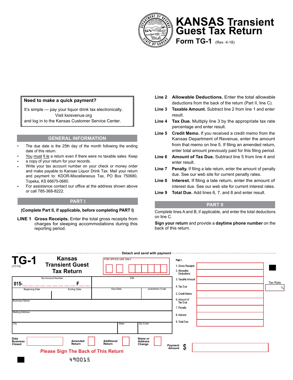 Form TG-1 Transient Guest Tax Return - Kansas, Page 1